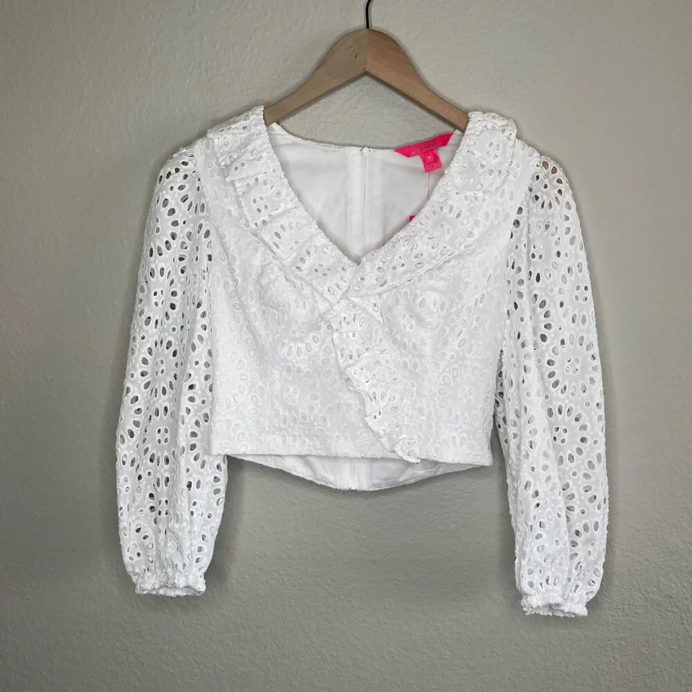Lilly Pulitzer Roca Resort White Eyelet Lace Long Sleeve Cropped Top 0